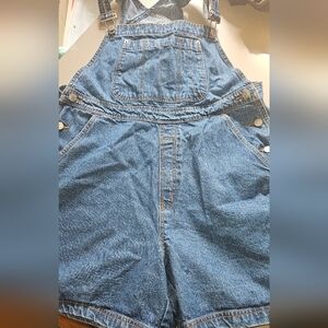 Vtg 90s Classic Blue Denim Shortalls Short Overalls Women's Sz XL 40"W 48" H